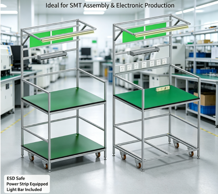 ESD‑AT‑AL3‑200 Aluminum Profile ESD Line‑Side Workstation Cart With Lamp & Power Strip For SMT Electronics Assembly Line
